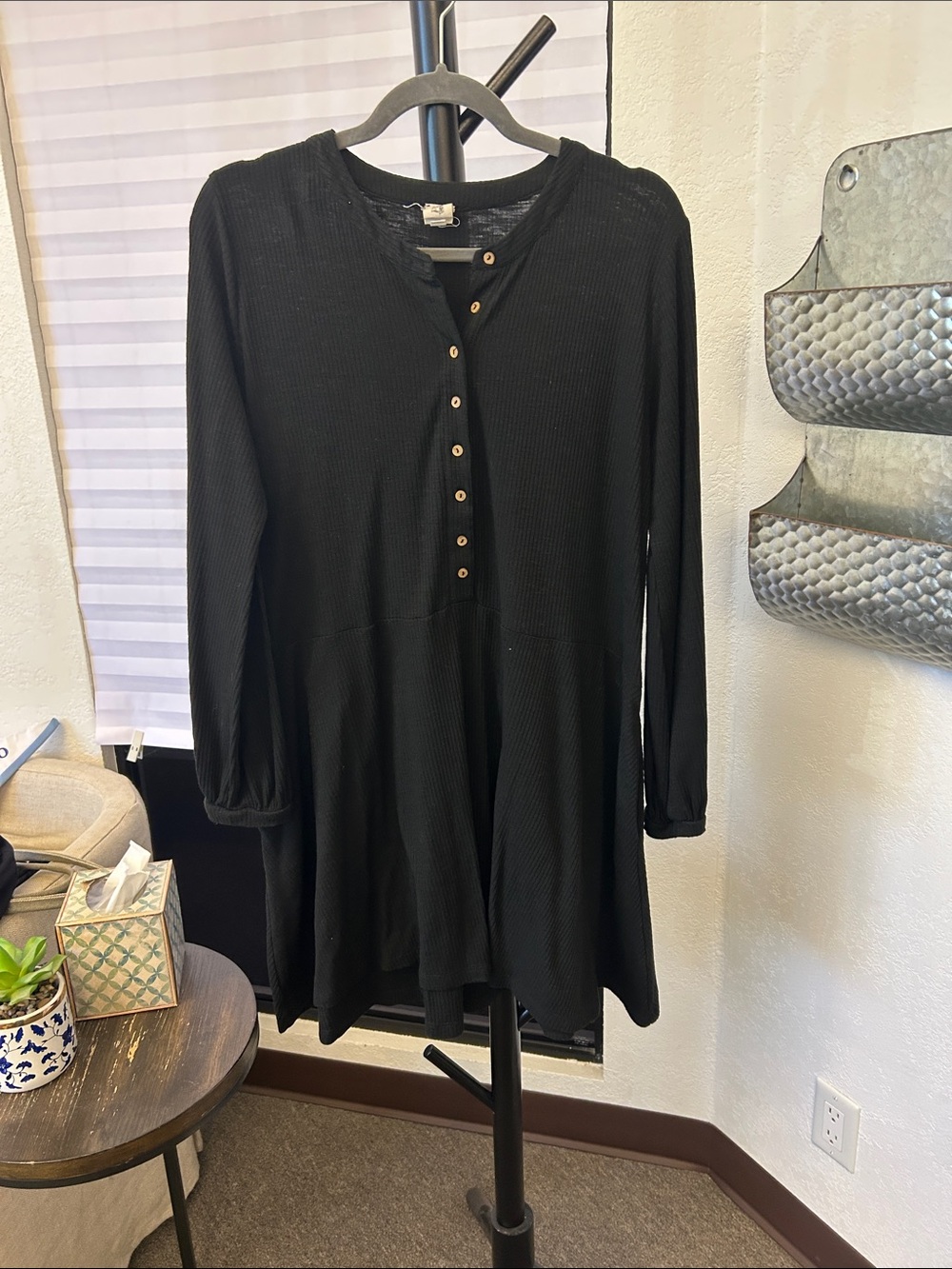Black Long-Sleeve Henley Tunic Dress